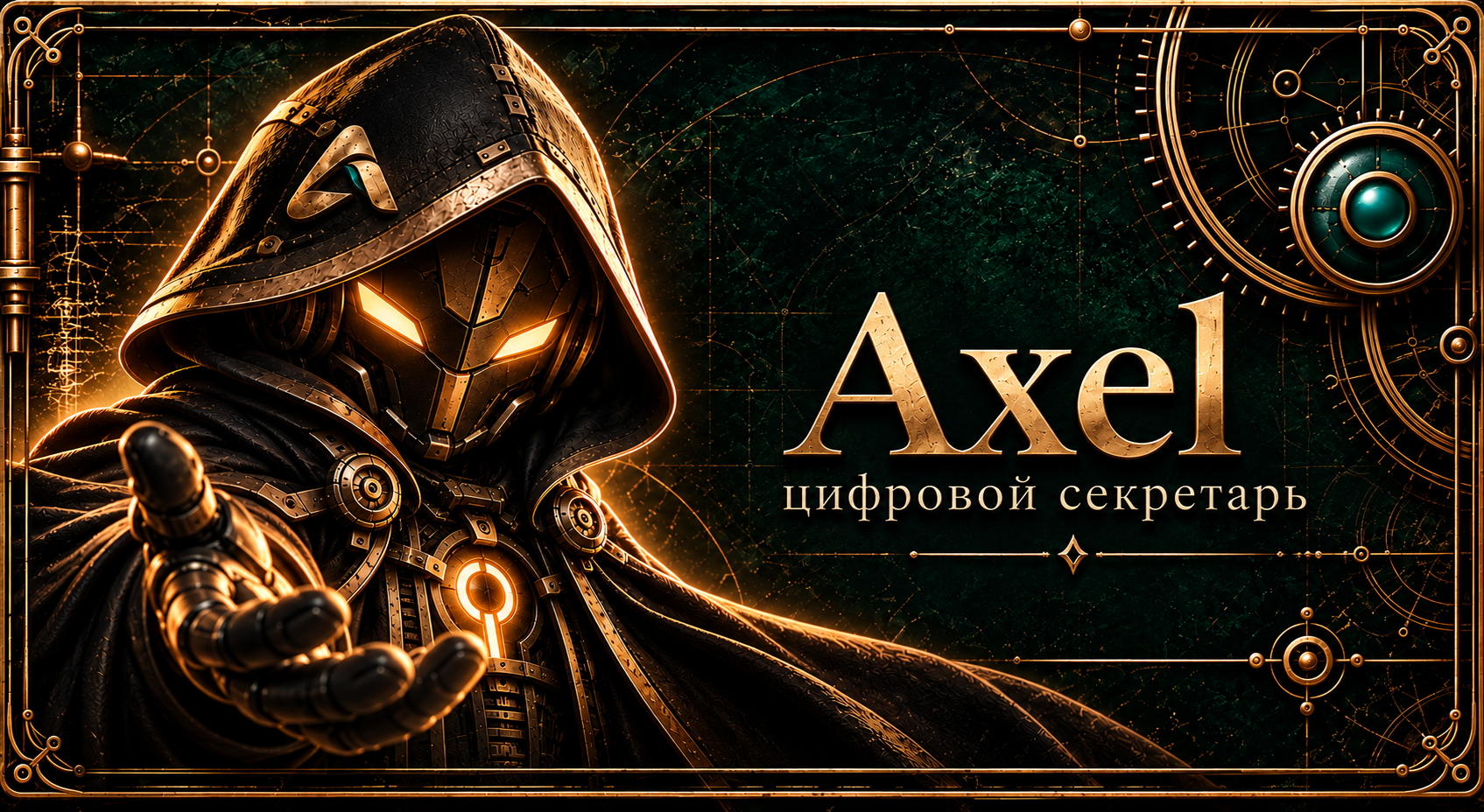 Фирменный баннер Axel: цифровой секретарь в латунных доспехах на тёмно-изумрудном фоне